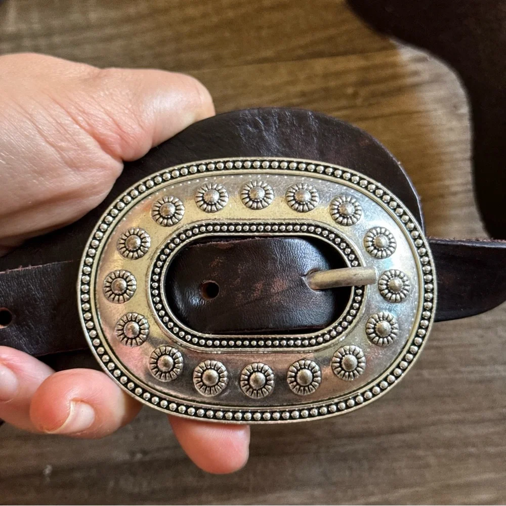 Zara Brown Leather Belt with Silver Concho Buckles